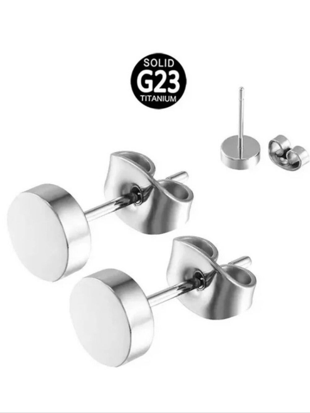 Solid G23 Titanium Round Stud Earrings - Silver Tone